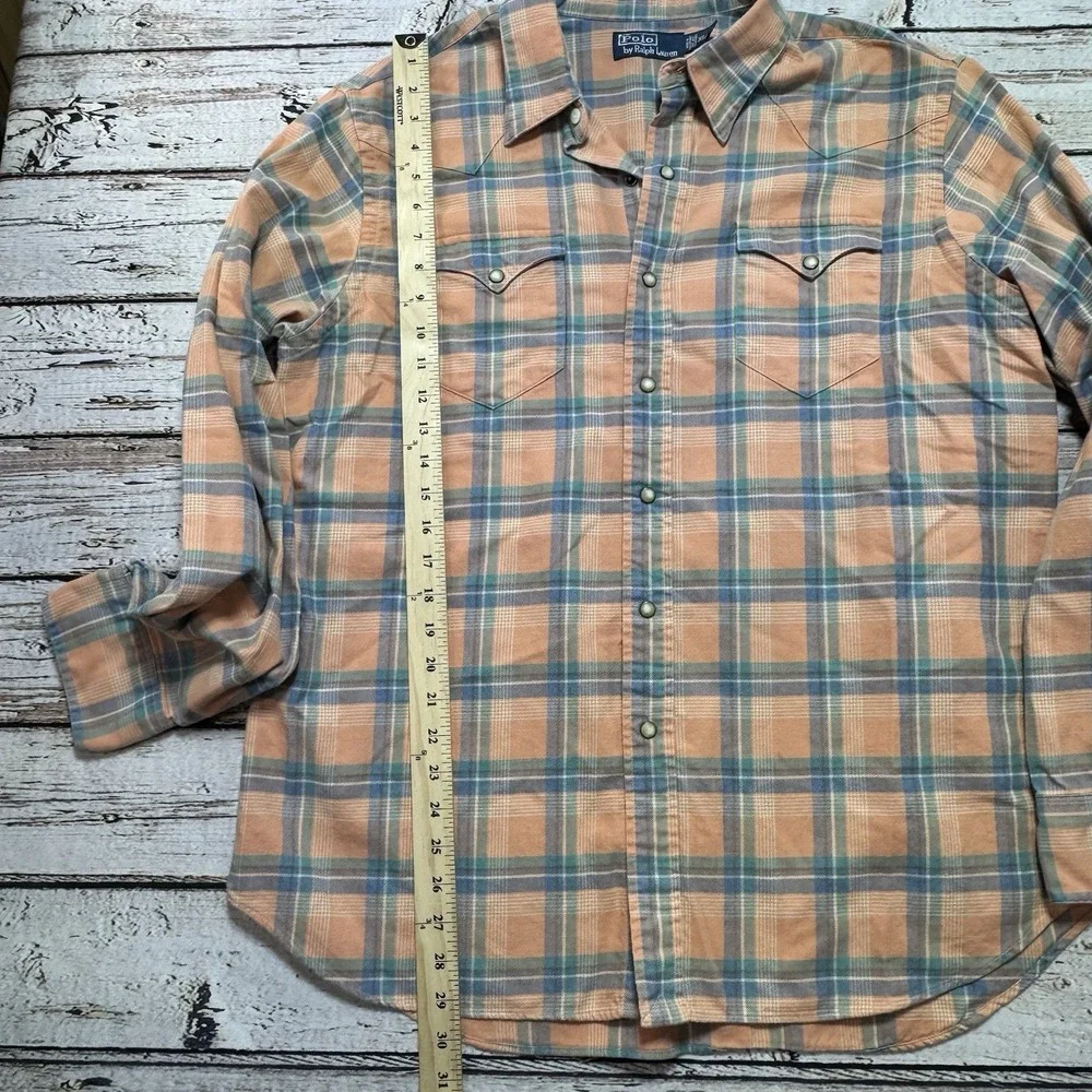 Vintage 90s Polo by Ralph Lauren Men's Peach Plaid Pearl Snap Western Shirt XL